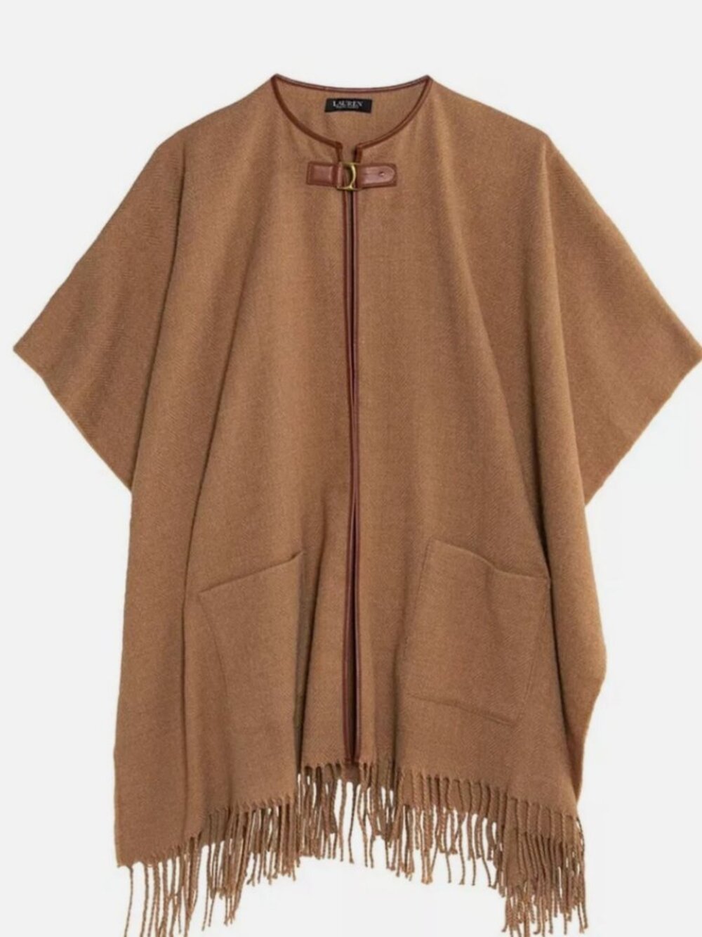 New w/o Tags Ralph Lauren Camel Brown Fringe Poncho Cape with Equestrian Buckle